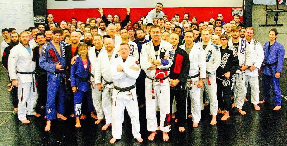 Matt, with his coach for the last two decades, BJJ Legend, Chris Haueter, and the SBG Tribe.